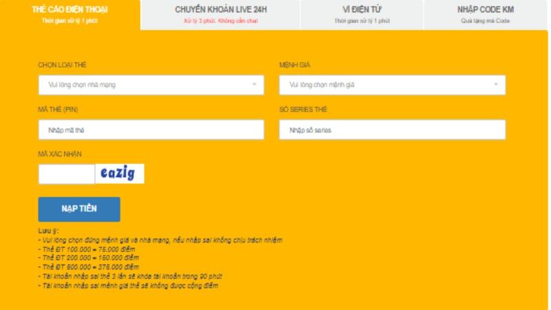 Gửi tiền Ibet68 qua thẻ nạp điện thoại